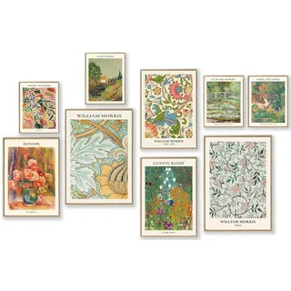 Vintage Eklektische Wandkunstdrucke 9er Set, abstrakte eklektische Wanddekoration Matisse William Morris Van Gogh Monet Maximalist berühmter Künstler Malerei Bilder, trendiges Maximalismus-Poster für