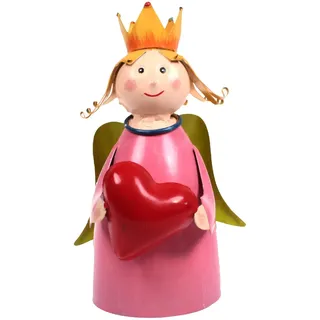 Lenzbach Zaunhocker Engel mit Herz rosa 22 cm Figur aus Blech Prinzessin Metall Deko Garten Balkon Dekofigur Königin Pfostenhocker Love Shabby