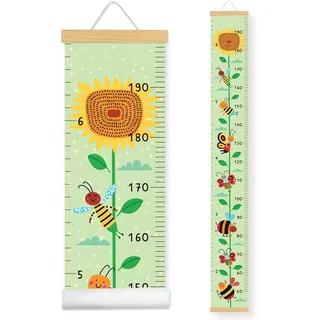Messlatte Kinder-Wachstum Messlatte-Höhenlineal zum Aufhängen-Abnehmbare Leinwand mit Holzposterleiste - Kinderzimmer Deko und Geschenk zur Geburt(160cm x 20cm) (Grüne, Blumen & Insekten)
