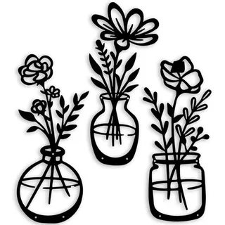 Coonoor Wanddekoobjekt 3 Stück Metall Blume Wanddekor Minimalistische Vase Wandkunst, für Küche Badezimmer Wohnzimmer (Elegant, Love, Eternity) schwarz