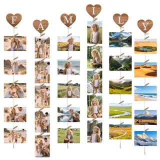 Vasemouh ‘Family’ Bilderrahmen Collage mit 6 Seilen & 30 Clips – Einfache Montage, Ideal für Kreative Wandgestaltung