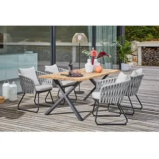 Sunfun Maja Gartenmöbel-Set  (6 -tlg., Teak/Edelstahl/Seilgeflecht, Teak/Grau/Beige, Baumkante/X-Gestell)