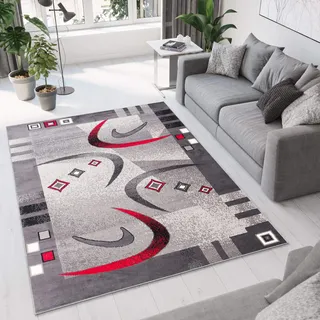 TAPISO Dream Teppich Wohnzimmer Kurzflor Modern Grau Creme Rot Bordüre Meliert Bumerang Vierecke Schlafzimmer Esszimmer ÖKOTEX 250 x 300 cm