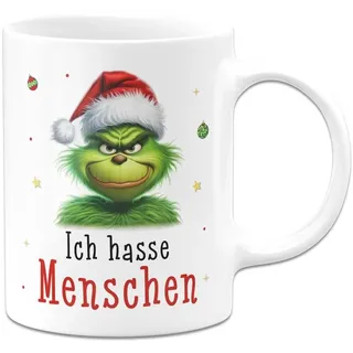 Tassenbrennerei Tasse Grinch - Ich hasse Menschen - Kaffeetasse mit Spruch, Weihnachtstasse lustig - Weihnachts-Deko Anti-Weihnachten (Weiß)