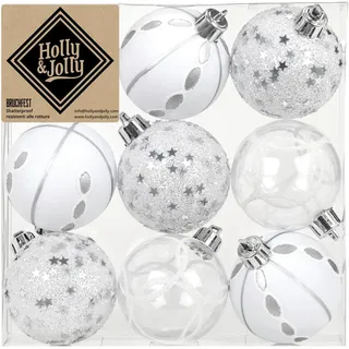 Holly & Jolly 9 Weihnachtskugeln 6cm Kunststoff, Christbaumkugeln Weihnachtsbaumkugeln weiß