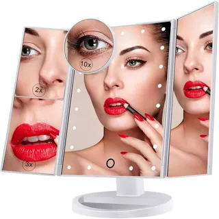 HOUROC LED-Lichtspiegel Kosmetikspiegel, Schminkspiegel mit Beleuchtung,21 LED-Lichter (Faltbarer 3 Seiten Make-up-Spiegel Schminkspiegel,Spiegel mit Touchscreen-Vergrößerung), 2X 3X 10X Vergrößerungsspiegel,180° frei drehbar weiß