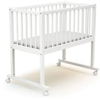 AT4 - Baby Wiege bett Holz mit rollen 40x80 ESSENTIEL Weiß| 86 x 58,5 x 80 cm | Babybett mit Matratze inklusive 40x80x5cm | 4 multidirektionale Räder | Leicht zu bewegen