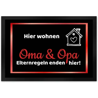 trendaffe - Hier wohnen Opa und Oma Fußmatte XL in 40x60 cm - Elternregeln Enden Hier in rot die Großeltern Schmutzfangmatte als Geschenk zum Geburtstag, Weihnachten oder Goldener Hochzeit für