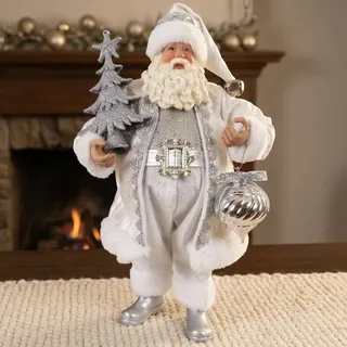 Weihnachtsmann 38cm Deko Figur Weihnachten stehend Nikolaus silber weiß glänzend