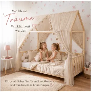 Baby Fancyroom Betthimmel Betthimmel Tüll Hausbett Kinderbett 2 Stück 340cm 380cm Montessori (3-tlg. Set mit 2x Betthimmel und einer 20er Pomponkette, Baldachin, Kinder Betthimmel Baldachin Himmel Deko Set), Betthimmel für Hausbett Montessori beige 300 cm