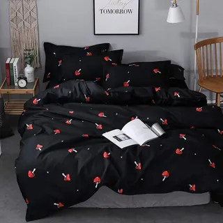 Pilz Bettwäsche Set 155x220 Mädchen Süße Pilze Dekor Bettbezug Wendbar Kawaii Cartoon Pilz Botanische Pflanzen Trösterbezug Kinder Jugendliche Pilzen Arten Rot Schwarz Bettwäsche Set 1 Kissenbezüge