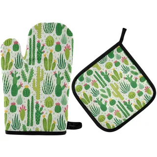 N/E RXYY Tropisch Kakteen Kaktus Ofenhandschuhe Gesteppt Baumwolle Beschichtung Topflappen BBQ Handschuhe-Ofenhandschuhe Hitzebeständig Küche Sicher Matten für Backen Kochen