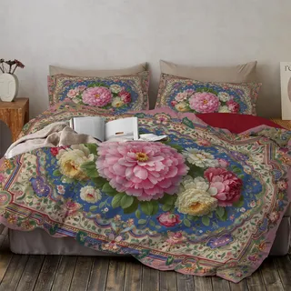 Bettwäsche 220X240Cm Persische Blumen Geometrisch, Weiche Bügelfreie Mikrofaser Bettbezug Set, Burgunderrot Orientalische Pflanzen Muster Schlafzimmer Deko, 2 Kissenbezug 80X80, Mit Reißverschluss