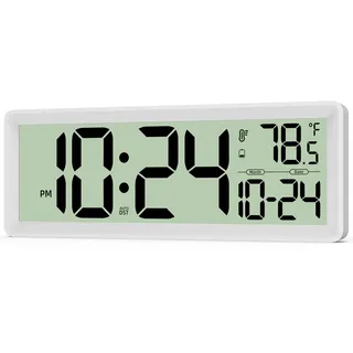 35,6 cm große digitale Wanduhr, batteriebetrieben mit Temperatur, Datum, Sommerzeit, große Digitaluhr für Küche, Bauernhaus, Schlafzimmer, Badezimmer, Klassenzimmer, Büro, Wohnzimmer – modern, leise