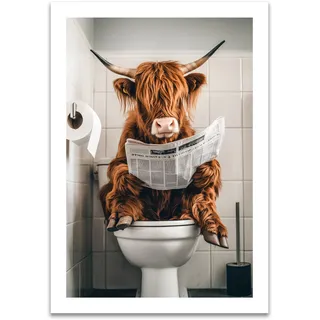 ARTFAVES® Poster - Kuh auf Toilette | Wanddeko Wandbild Badezimmer Toilette WC Bad Witzig | ohne Rahmen | 30 x 40 cm