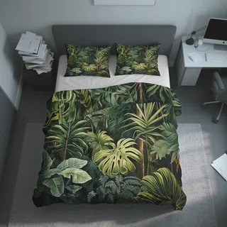 Generisch Dschungel Bettwäsche 135x200 2teilig, Monstera Palme Tropische Botanisch Bettwäsche-Sets mit Reißverschluss, Microfaser Weiche Bettbezug mit Kissenbezüge 80×80 Ab20a