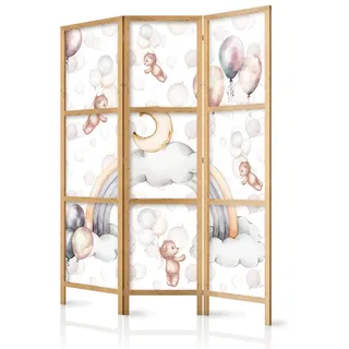 Muralo Japanischer PARAVENT 3-teilig Raumteiler klappbar PREMIUM-Vliesleinwand TEDDYBÄREN UND BALLONS für Kinderzimmer 135cmx172cm - Weiß/Grau/Beige/Braun/Blau/Grün/Rosa