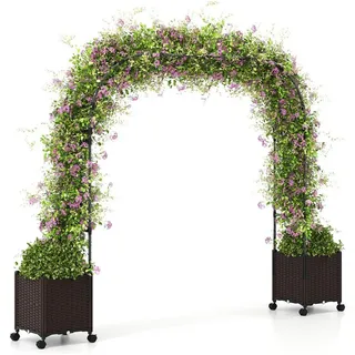 COSTWAY Blumenkasten, Rosenbogen mit 2 Pflanzkästen, auf Rollen, 202cm hoch schwarz