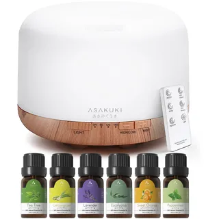 ASAKUKI Aroma Diffuser mit Ätherische Öle Set, 500ML Aromatherapie Luftbefeuchter mit 6 * 10ML Öle Set, 14 LED-Farben & automatischer Abschaltung -Geschenk