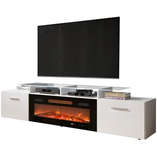 Mirjan24 TV Schrank mit Elektrischem Kamin Rozion, Realistische LED-Flamme, Elektrischer Kamin mit Heizung, TV Lowboard (Weiß/Weiß Hochglanz, mit LED Beleuchtung)