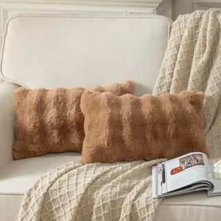 Yaertun 2er Set Braun dicken Woll Kissenbezug 30x50cm dekorative Kissenbezüge Sofakissen Dekokissen Wurfkissenbezug zierkissenbezug plüsch Kunstfell Kissenhülle Schlafzimmer Wohnzimmer