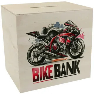 Rennmotorrad Spardose aus Holz mit Spruch Bike Bank Sportlich Renn Motorrad Spardose aus Holz in Schwarz-Rot Schnell Geschwindigkeit und Stil in einem