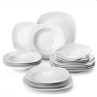 MALACASA Geschirr-Set Weiß Porzellan Geschirrset für 6/4 Personen (18-tlg), 6 Personen, Porzellan weiß