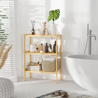 HOMCOM Badregal Standregal mit 3 Ebenen, Bambusregal, Küchenregal für Bad, Küche