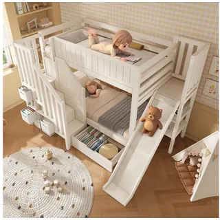 MODFU Hochbett Komplettes Familien-Etagenbett mit Rutsche & integriertem Stauraum (Packung, 3-St., Inkl. Lattenroste – für Spiel, Schlaf und Ordnung im Kinderzimmer) 2 x90x200 cm, Leiterschrank, Schubladen, offenes Regal(mit 2 Matratze) weiß