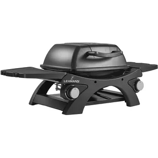 LEHMANN Gasgrill, Tragbarer Tischgasgrill mit 2 Brenner, Thermometer & Seitentischen klappbar, Gusseisen Grillrost mit 1638 cm2 Grillfläche, Tischgrill für Outdoor BBQ, Balkon- & Campinggrill
