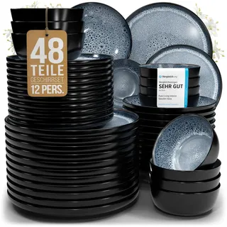 PURE LIVING INTERIOR DESIGN Geschirr-Set Ibiza aus Steingut, 48-tlg., für 12 Personen, Graublau (48-tlg), 12 Personen, Steingut blau|grau|schwarz
