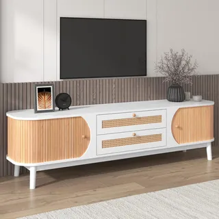 FAVSH TV Board mit Türen und Schubladen, Lowboard Hängend 170 cm für Fernseher bis zu 70 Zoll, Natürlicher Landhausstil Fernsehschrank, TV Board für Schlaf- und Wohnzimmerschrank, Weiß und Holzfarbe