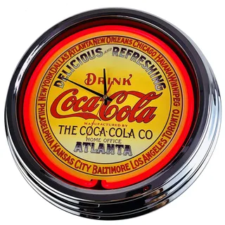 US-Way.de Coke-Atlanta WallClock Deko-Clock – 44 cm Durchmesser, Deko-Wanduhr ohne Tickgeräusche und gut lesbares Display, USA 50er-Jahre-Stil Neon-Uhr für Küche, Büro (Rosa)