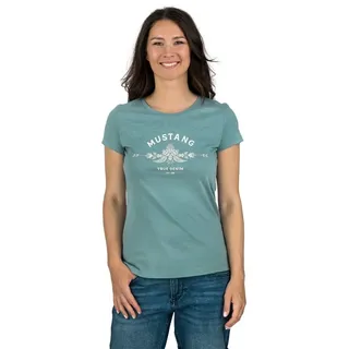 MUSTANG T-Shirt Damen Logo Printshirt Alexia C Logo Slim Fit (1-tlg) Basic Kurzarm Tee Shirt mit Rundhalsausschnitt aus 100% Baumwolle blau XXL