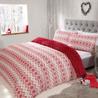 Sleepdown Fairisle bedrucktes Flanell-Fleece-Bettwäsche-Set mit Kissenbezügen, abstrakte Streifen, wendbar, superweich, warm und gemütlich, Doppelbettgröße (200 x 200 cm), Polyester, Rot/Weiß