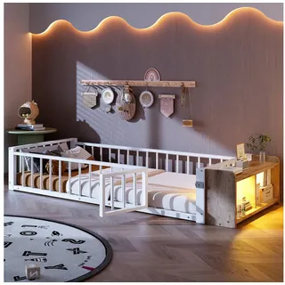 BlingBin Kinderbett Flachbett Metallbett mit Rausfallschutz (1er Set, 1-tlg., 90 x 200 cm), Metallbettgestell Eisenbett mit Schließfächern, LED-Streifenleuchten weiß 95 cm x 204 cm x 35.5 cm