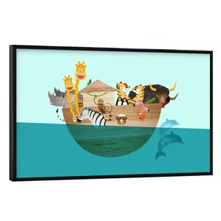 artboxONE Poster mit schwarzem Rahmen 75x50 cm Für Kinder Alle an Bord - Bild Kinderzimmer Arche Noah Delfin