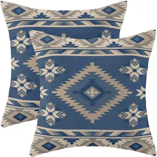 CXMEIFLY Boho Azteken-Kissenbezüge, 50,8 x 50,8 cm, Set mit 2 Stück, Motiv: Western Indianer, Blau/Beige, Geometrie, Dekor, Dekokissen für Couch, Bett, Dekoration