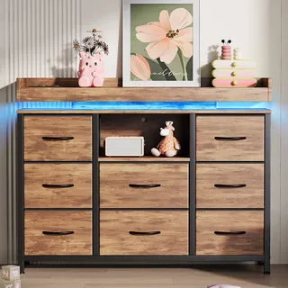 Sideboard 108x30x82 Cm Mit 8 Stoffschubladen – Schmale Aufbewahrungskommode Mit Offener Ablage Für Wohnzimmer Und Esszimmer – Nussbaum