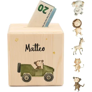 Geschenkfreude Spardose personalisiert mit Namen aus Holz - Jeep | 10x10cm, Holzspardose mit Schloss, Taufgeschenke für Junge/Mädchen, UV-Druck Spardosen mit Namen, Geschenk zur Geburt