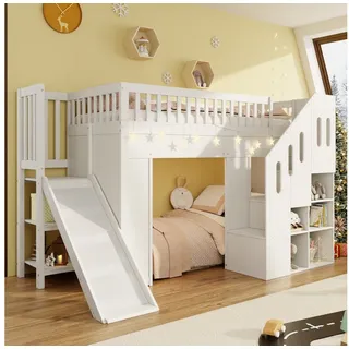 Merax Hochbett 90×200cm mit LED-Lichtleiste (1-St., Etagenbett Stockbett Jugendbett Einzelbett Hausbett) Massivholz Kinderbett mit Rutsche, Stauraumtreppe & Rausfallschutz weiß
