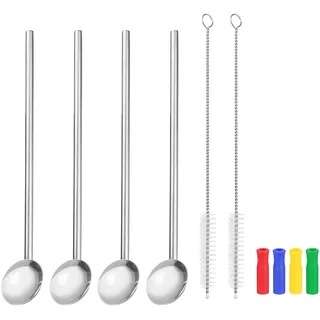 QUARKZMAN 4Stk Edelstahl Strohhalme Löffel 7.7" Wiederverwendbar Metall Bar Trinkender Strohhalm Löffel mit Reinigung Bürsten für Milchshake Getränke Cocktail Silber