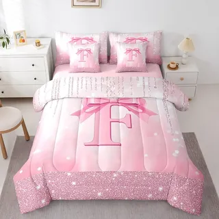 Feelyou Kinder-Bettwäsche-Set mit Schleife, 7-teilig, personalisierbar, Initiale F, 7-teiliges Bettwäsche-Set für Jungen und Mädchen, Prinzessin, Glitzerbett in Einer Tasche, Schleife, Alphabet