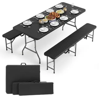 Sekey Bierzeltgarnitur Klappbar Rattan-Optik, 180x74x74cm für 8 Personen | Tisch & 2 Bierbänke, Wetterfest Biertischgarnitur Kunststoff mit Tragegriffe, Gartenmöbel Set für drinnen draußen, Schwarz