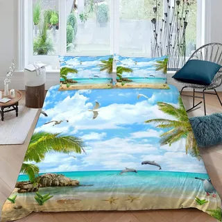ALABOW Ozean Bettwäsche 155x220 cm 3teilig mit Reißverschluss 3D Strand Palmen Bettwäsche Sets Warme Winter Sommer Weich und Angenehme Bettbezüge mit 2 Kissenbezug 80x80 für Teenager