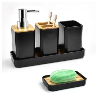 Coonoor Badaccessoire-Set Badezimmer Set 5 Teile, Bambus und PS Zahnbürstenhalter, Zahnputzbecher, Seifenspender, Seifenschale Schminktablett Dekorative schwarz