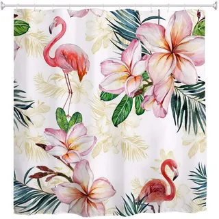 A.Monamour Duschvorhänge Exotische Sommer Tropische Blätter Und Blüten Rosa Flamingo Weiße Hintergründe Aquarell Bild Drucken wasserdichte Polyester Stoff Duschvorhang Für Bad-Accessoires 180X200 cm
