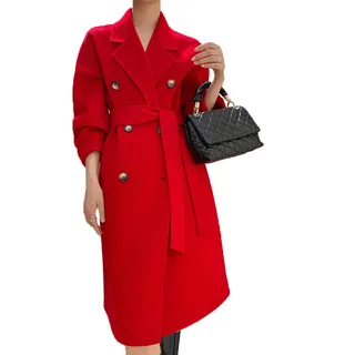 MASUCOR Wollmantel Damen Winter Mantel A-linie Wintercoat mit Gürtel Lang Winterjacke Revers Zweireihiger Coat Knielang Trenchcoat Winter Elegant Jacke Outwear(Red,M) - M