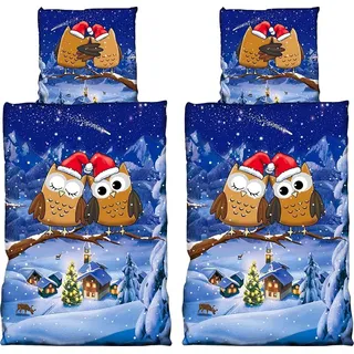 4 tlg Winter Fleece Bettwäsche 135x200 Eulen Flausch Thermofleece Bettbezug Weinachten