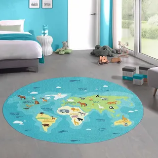 CARPETIA Teppich für Kinder Tiere & Kontinente Weltkarte türkis-blau, 160 cm rund